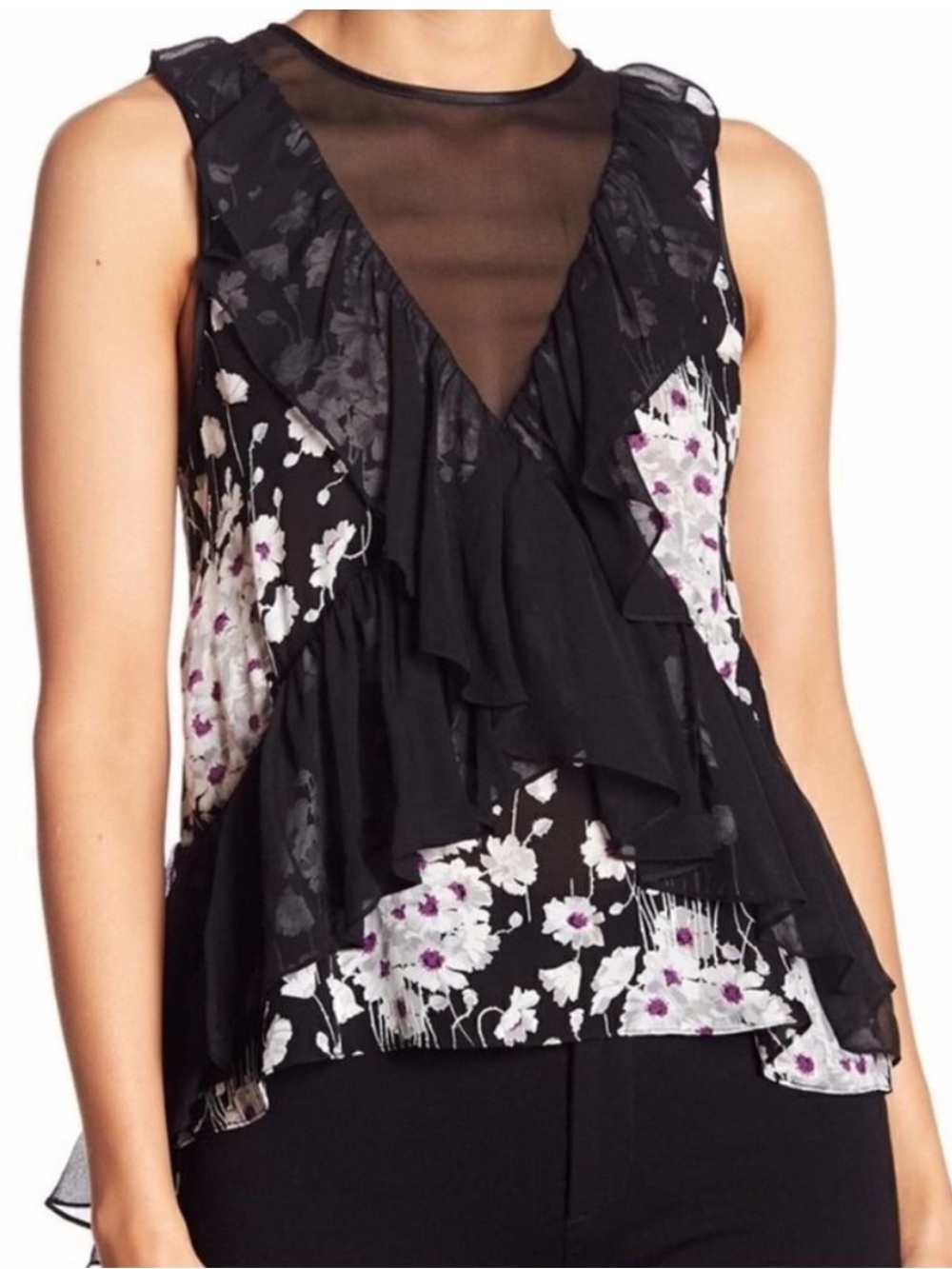 Cinq à Sept Simone Silk Ruffle Blouse Sleeveless Peplum | Size Medium
